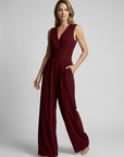 Women’s light blue women's wide leg jumpsuit v-neck