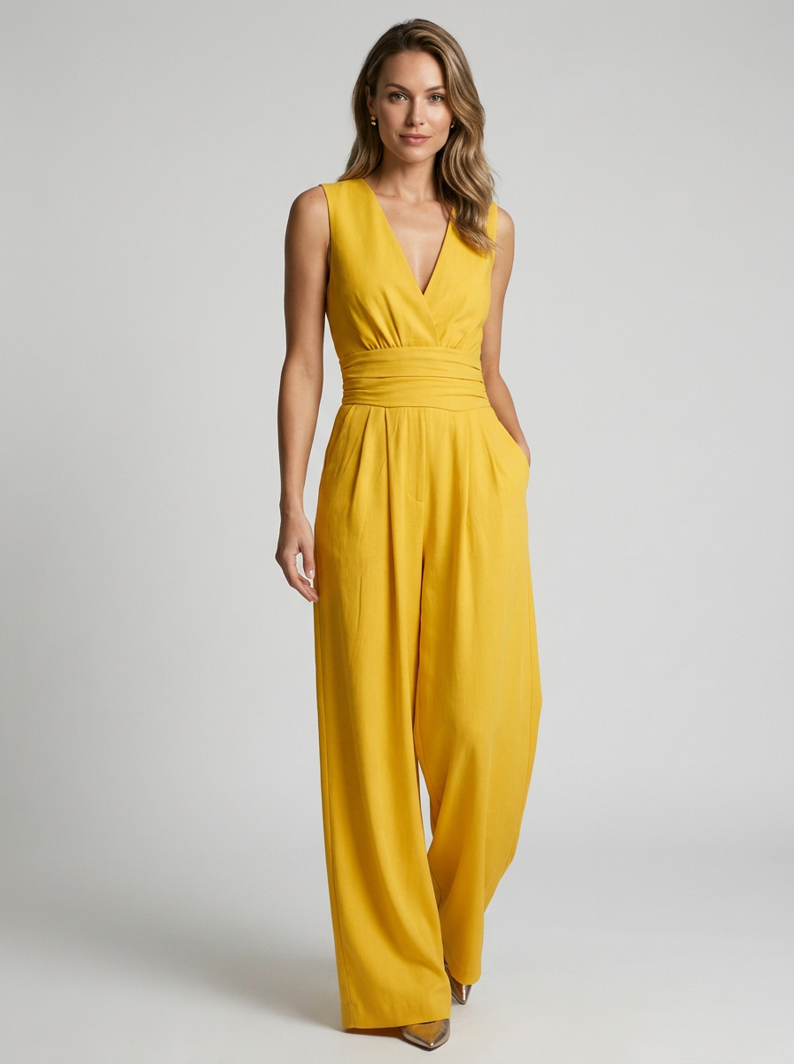 Women’s light blue women's wide leg jumpsuit v-neck