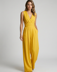 Women’s light blue women's wide leg jumpsuit v-neck