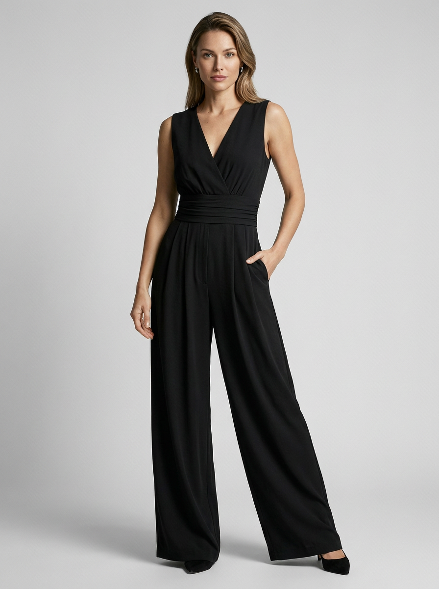 Women’s light blue women's wide leg jumpsuit v-neck