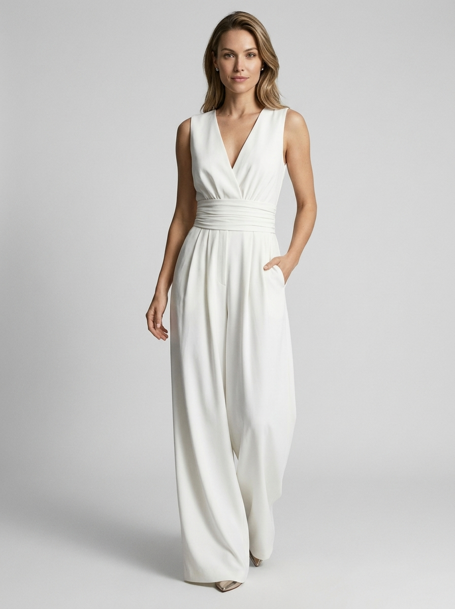 Women’s light blue women's wide leg jumpsuit v-neck