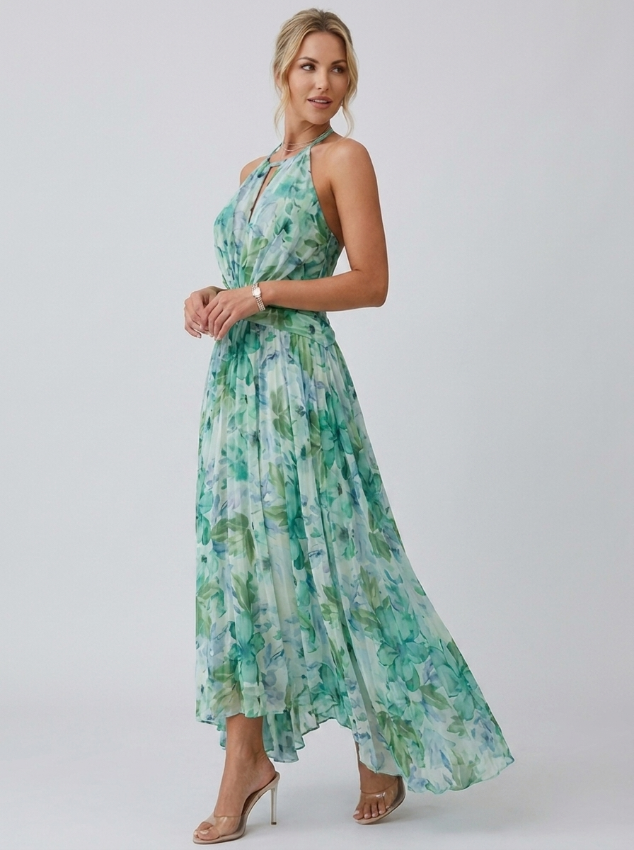 Women’s women's pleated floral midi dress halter