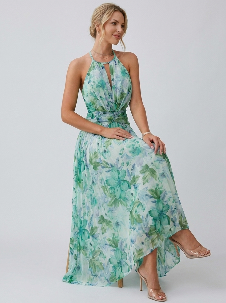 Women’s women's pleated floral midi dress halter