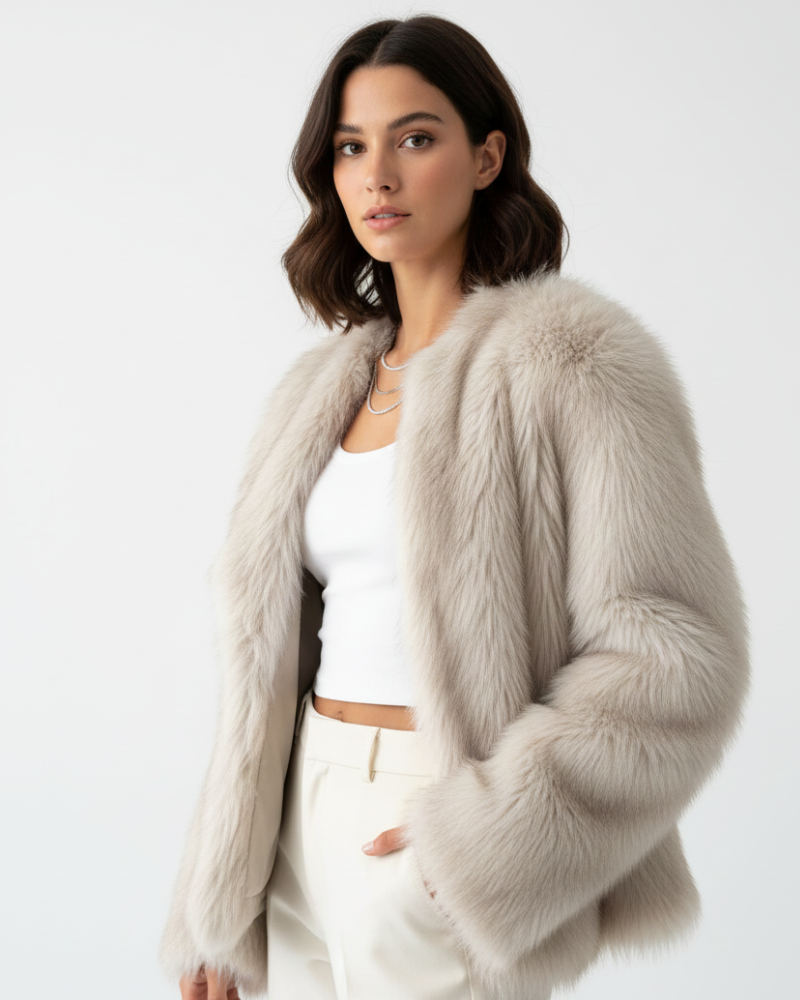 Women's faux fur coat soft warm relaxed fit in beige