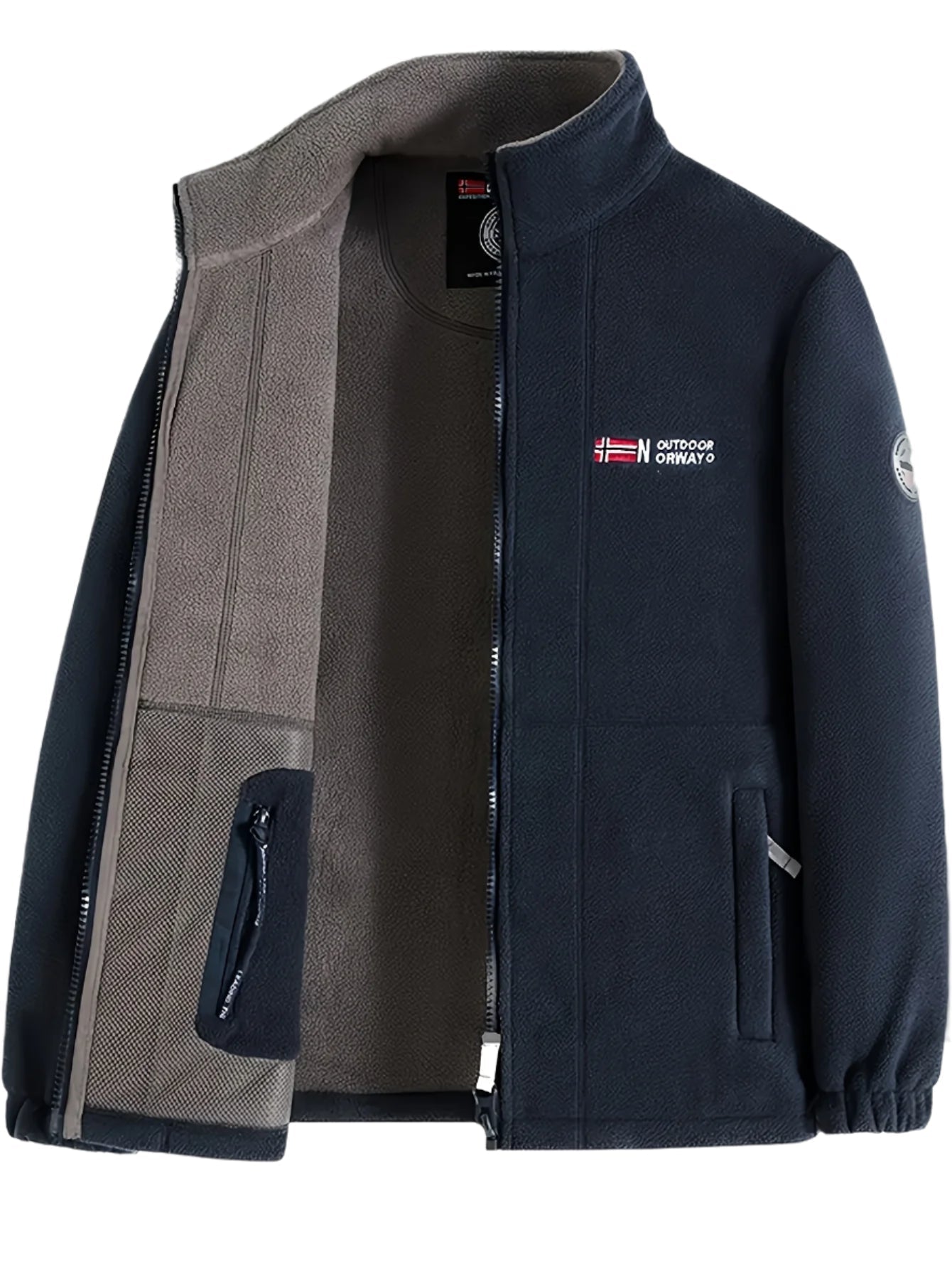Men's navy outdoor fleece jacket with full zip and high collar