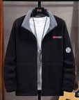 Men's navy outdoor fleece jacket with full zip and high collar