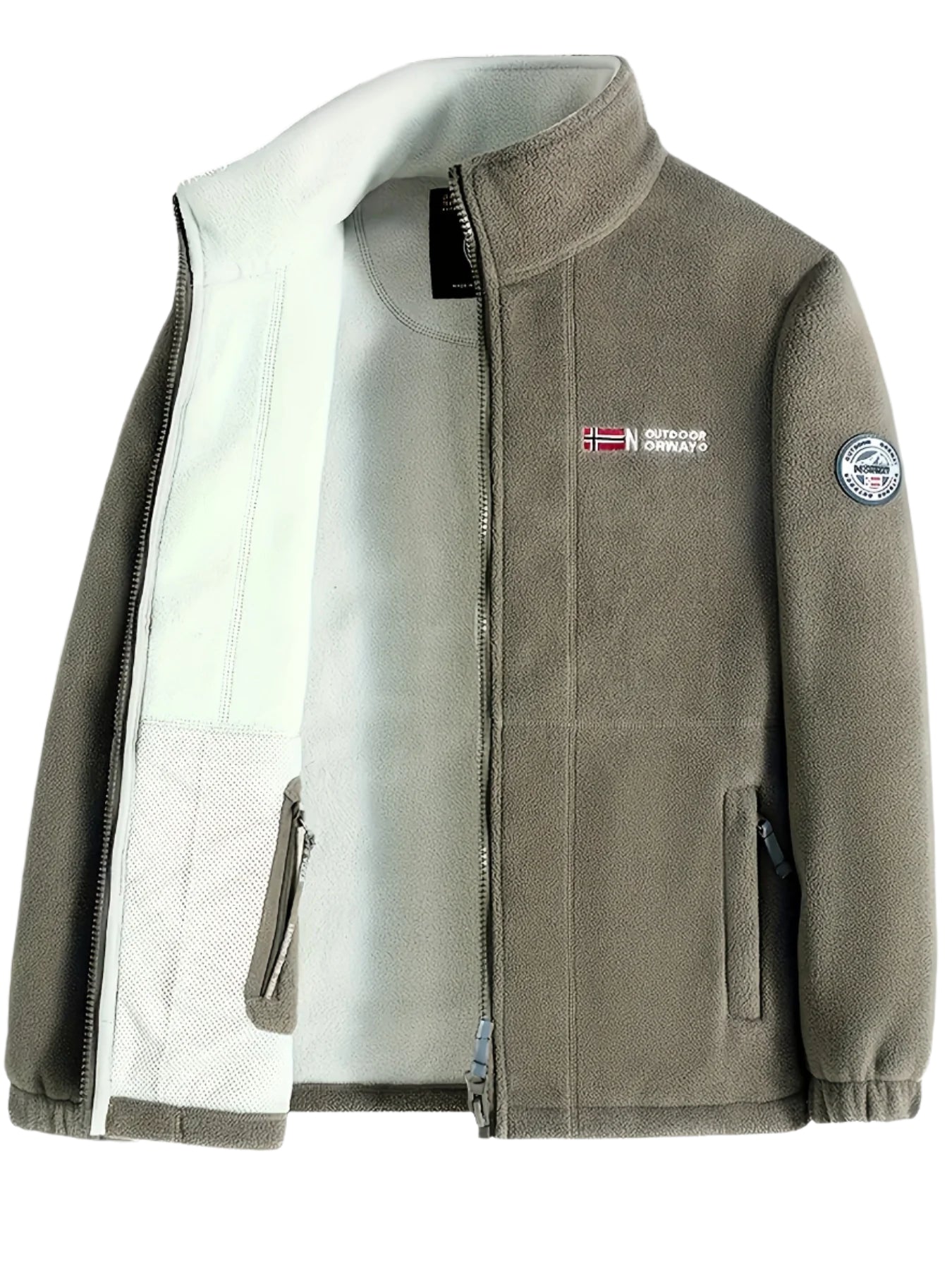 Men's navy outdoor fleece jacket with full zip and high collar