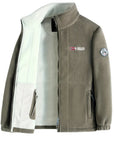 Men's navy outdoor fleece jacket with full zip and high collar