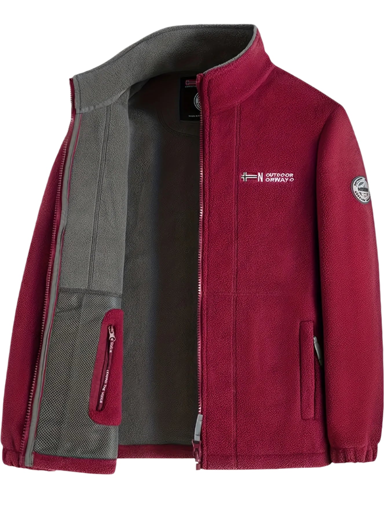 Men's navy outdoor fleece jacket with full zip and high collar