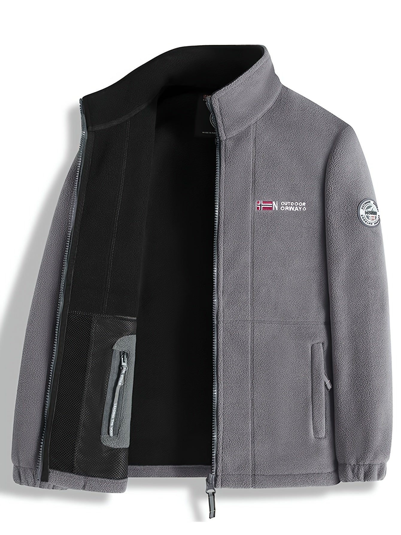 Men's navy outdoor fleece jacket with full zip and high collar