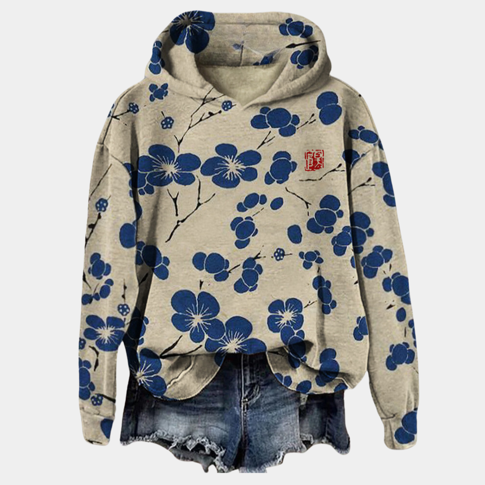 Women's blue floral print hoodie relaxed cotton blend relaxed fit pullover