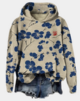 Women's blue floral print hoodie relaxed cotton blend relaxed fit pullover