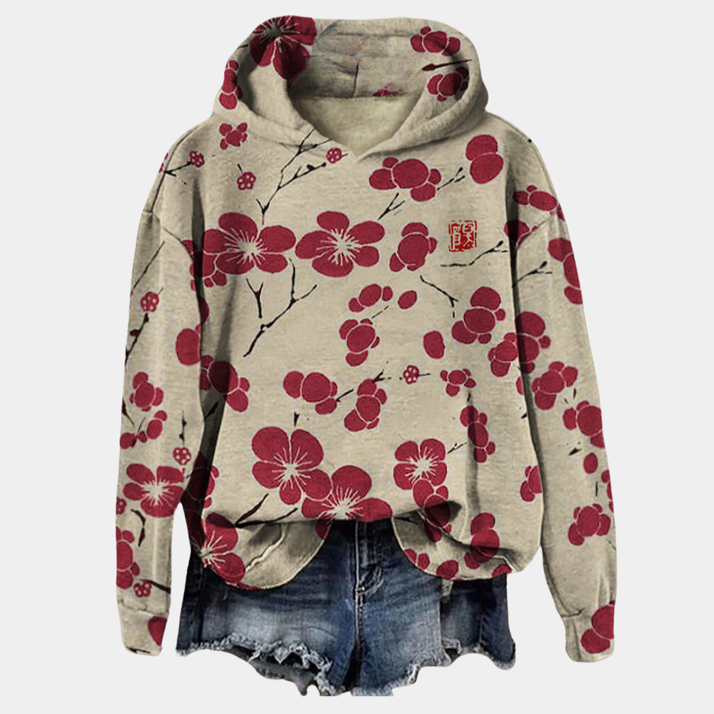 Women's blue floral print hoodie relaxed cotton blend relaxed fit pullover