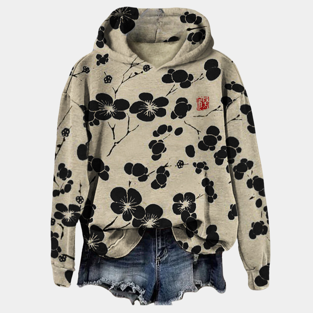 Women's blue floral print hoodie relaxed cotton blend relaxed fit pullover