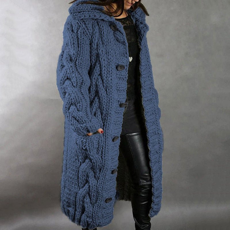 Women's blue longline cable knit coat