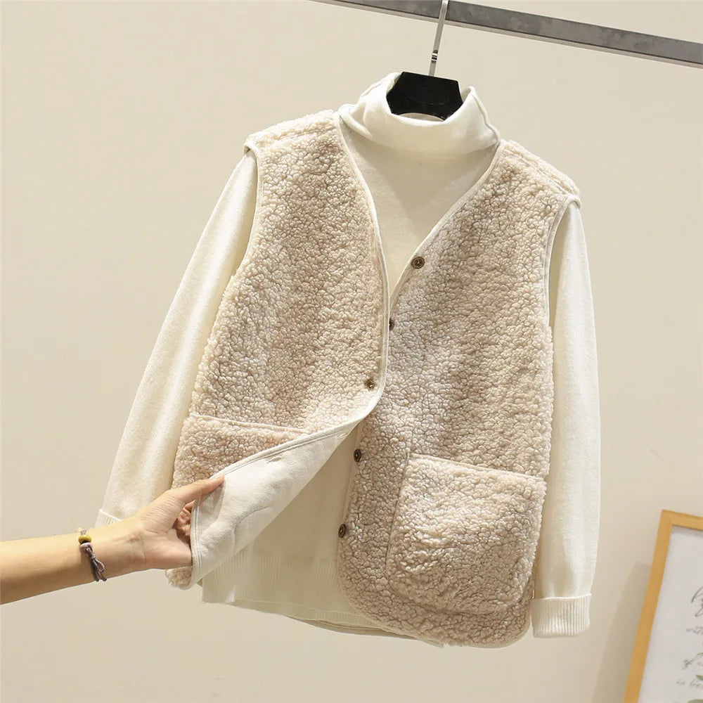 Women's sherpa vest sleeveless fleece warm casual in beige