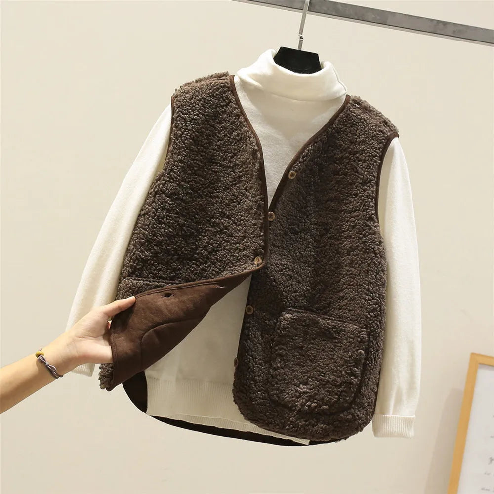 Women's sherpa vest sleeveless fleece warm casual in beige