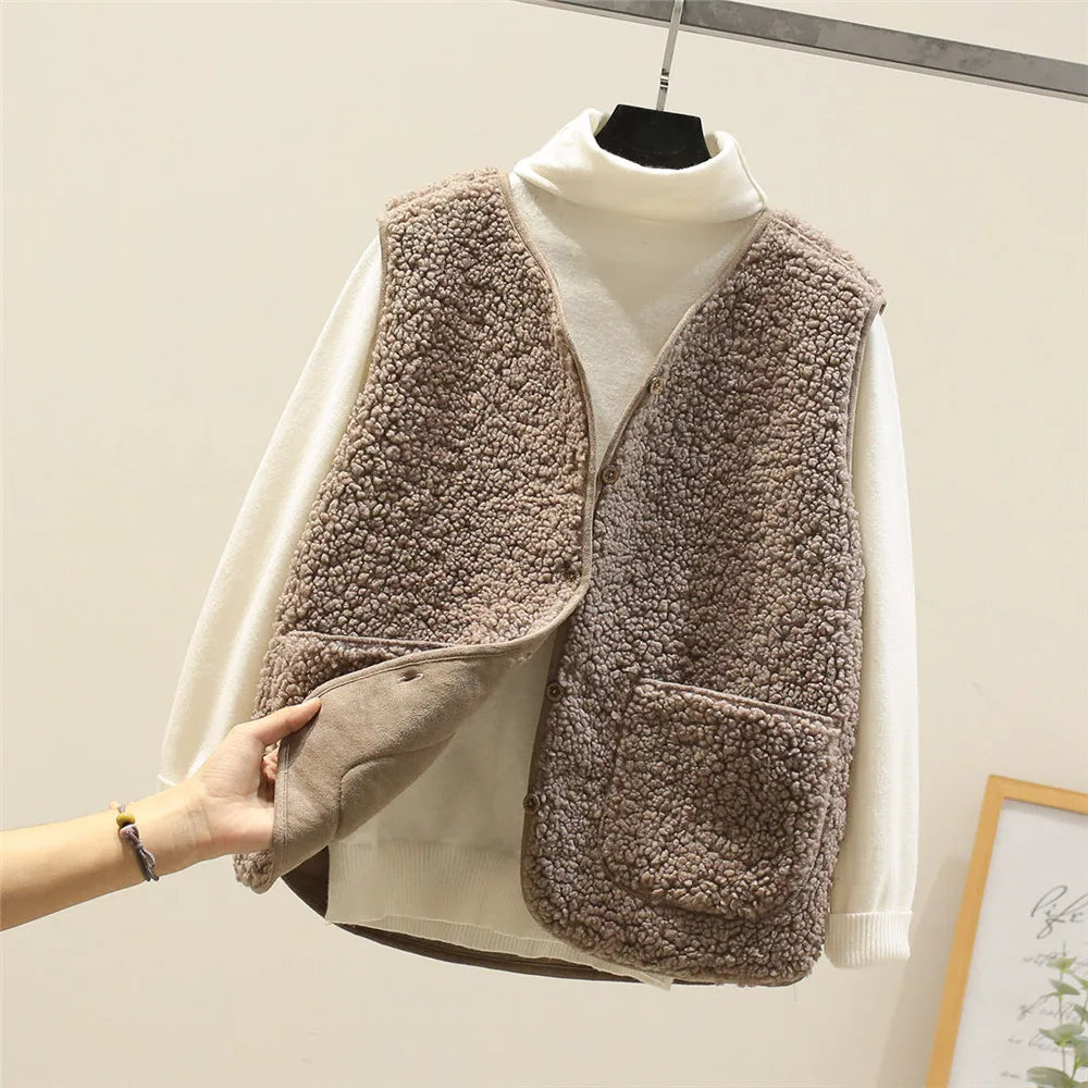 Women's sherpa vest sleeveless fleece warm casual in beige