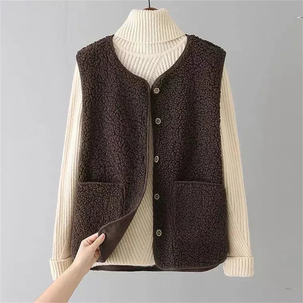 Women's sherpa vest sleeveless fleece warm casual in beige