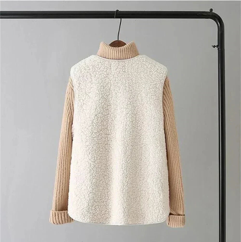 Women's sherpa vest sleeveless fleece warm casual in beige
