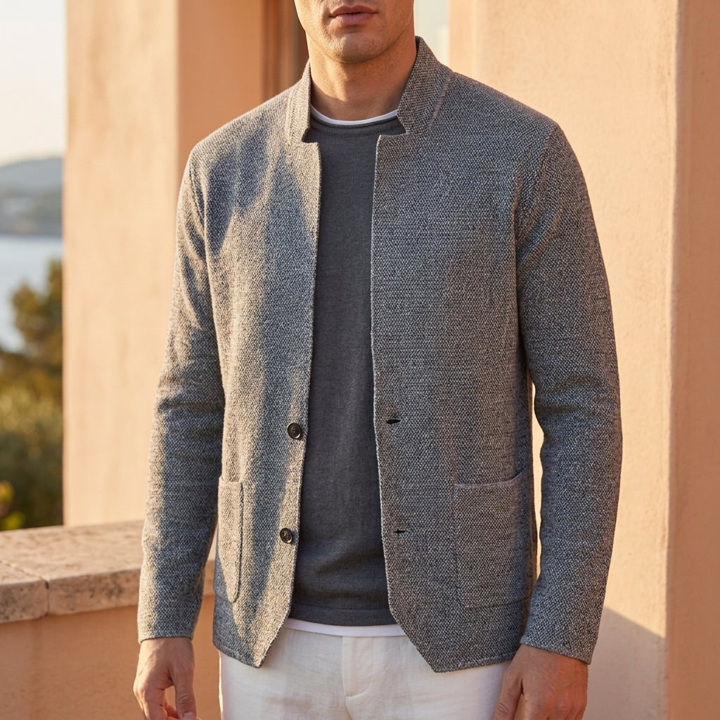 Women's oatmeal stand collar knit cardigan