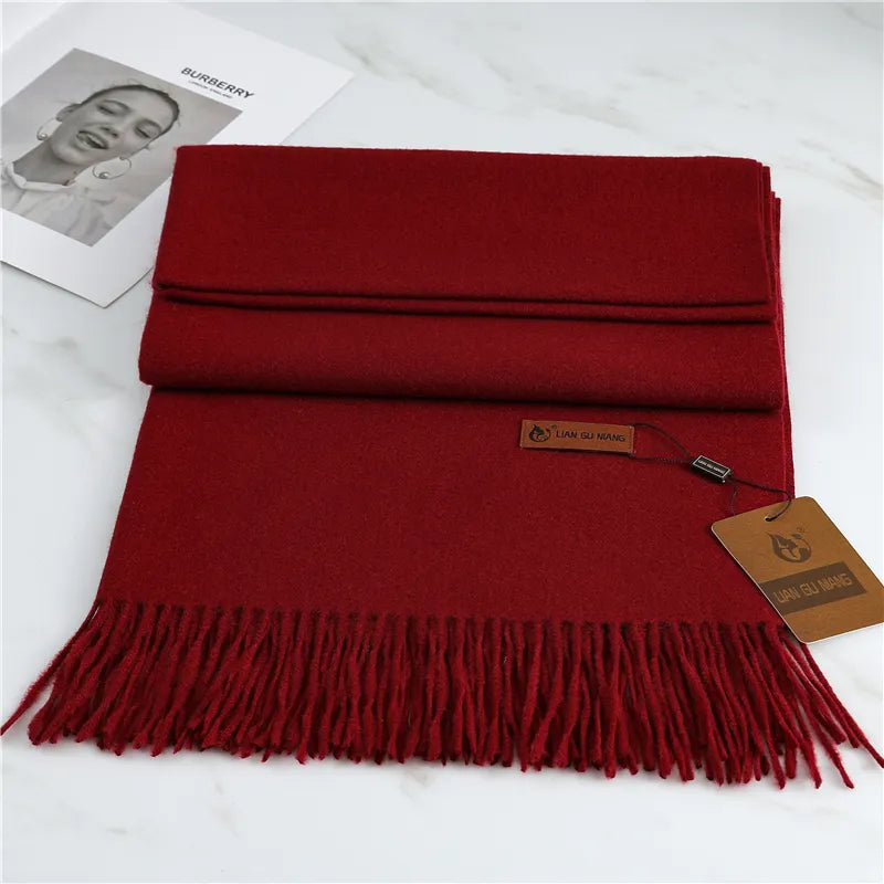 Women's burgundy cashmere scarf with tassel trim