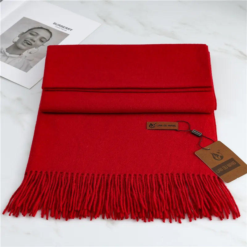Women's red cashmere scarf with tassel trim