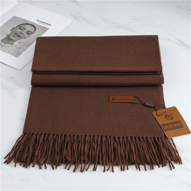 Women's coffee cashmere scarf with tassel trim