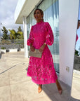 Lace Midi Dress High Neck Puffed Sleeves A-Line Elegant Evening Wear 3