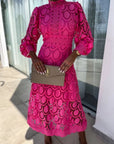 Lace Midi Dress High Neck Puffed Sleeves A-Line Elegant Evening Wear 4