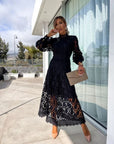 Lace Midi Dress High Neck Puffed Sleeves A-Line Elegant Evening Wear 5