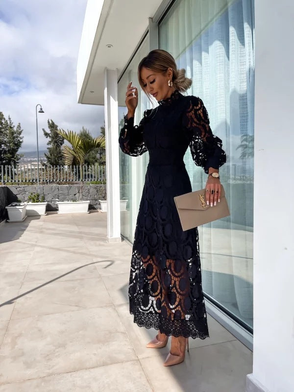 Lace Midi Dress High Neck Puffed Sleeves A-Line Elegant Evening Wear 6