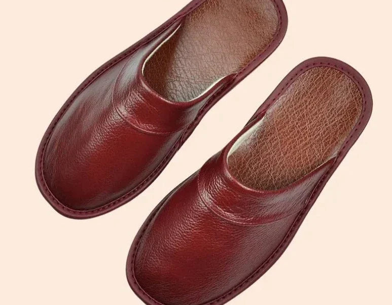Men's burgundy faux leather slippers for indoor and outdoor