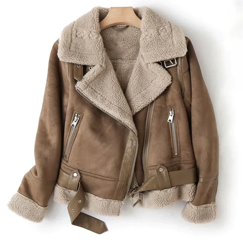 Women's brown faux leather jacket with sherpa lining