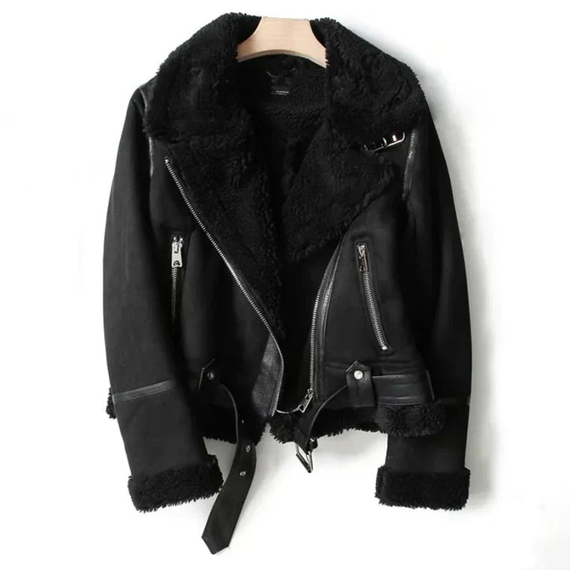 Women's brown faux leather jacket with sherpa lining