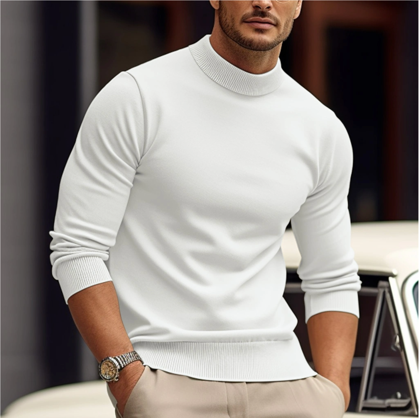 Men's white turtleneck jumper with soft knit