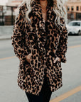 Women's leopard leopard print faux fur coat with oversized collar
