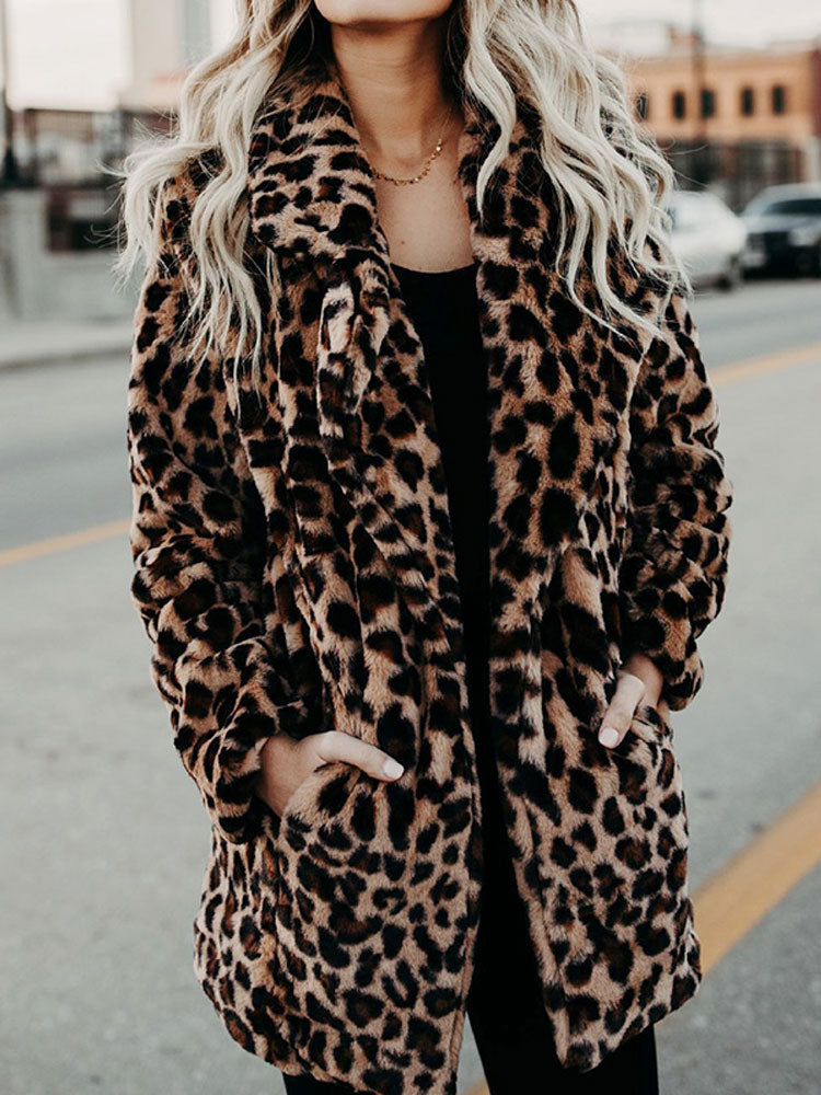 Women's leopard leopard print faux fur coat with oversized collar