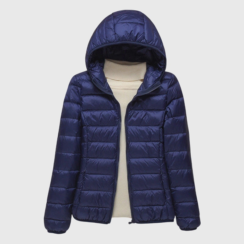 Women's dark blue ultra-light quilted hooded jacket