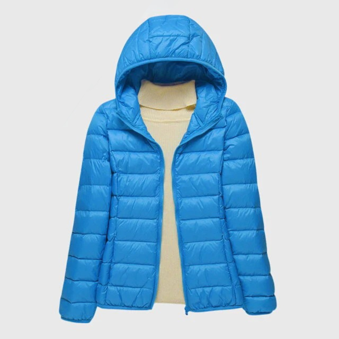 Women's dark blue ultra-light quilted hooded jacket
