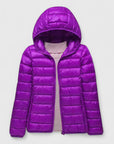 Women's dark blue ultra-light quilted hooded jacket