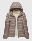 Women's dark blue ultra-light quilted hooded jacket