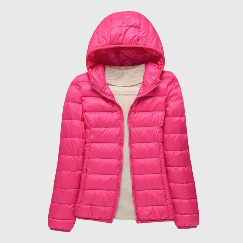 Women's dark blue ultra-light quilted hooded jacket