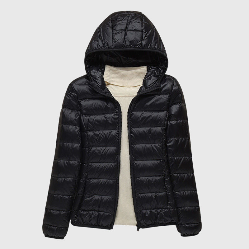 Women's dark blue ultra-light quilted hooded jacket