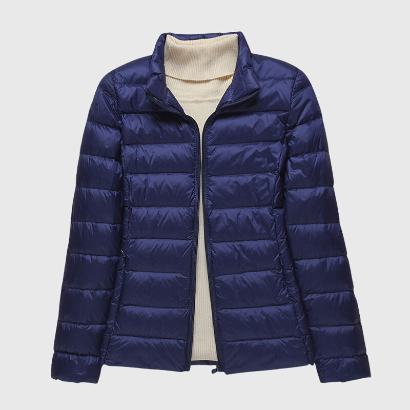 Women's dark blue ultra-light quilted hooded jacket