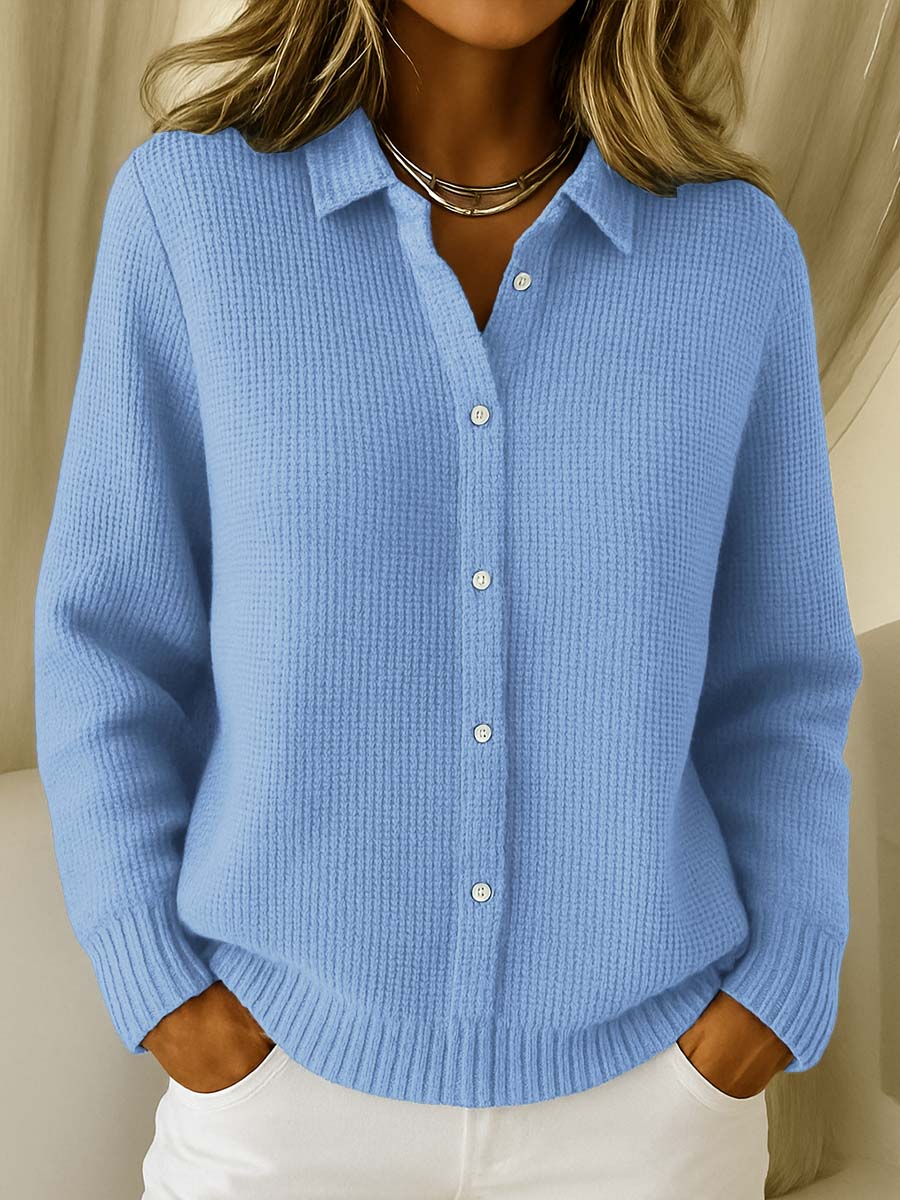 Women's blue collared knit button-up cardigan