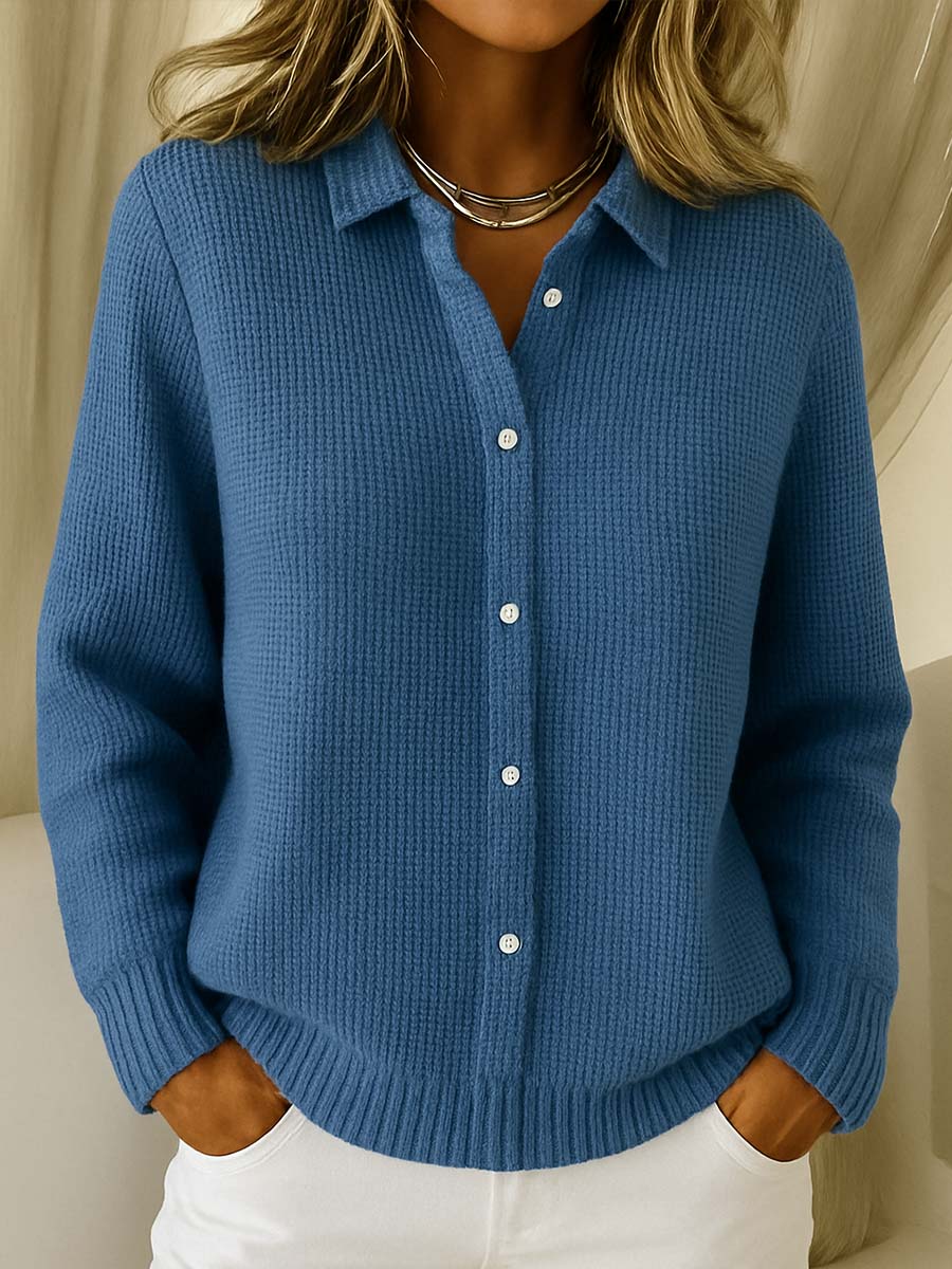Women's blue collared knit button-up cardigan