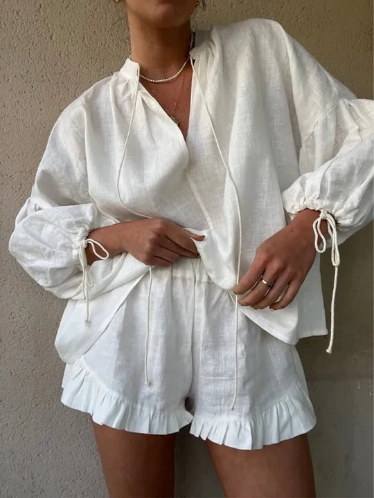 Lounge Set Ruffle Hem Shorts Relaxed Fit Blouse Cotton Casual Wear 0