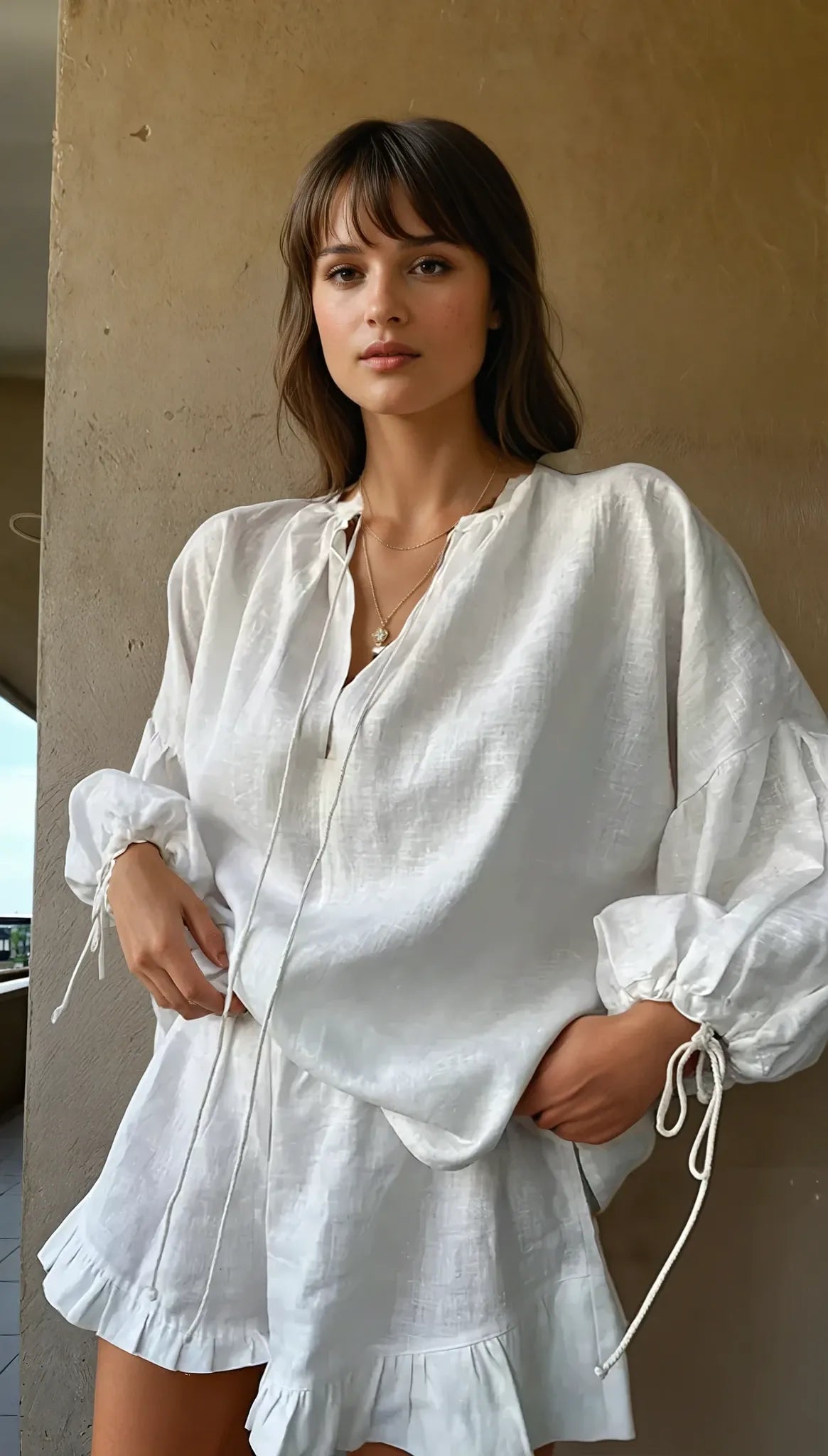 Lounge Set Ruffle Hem Shorts Relaxed Fit Blouse Cotton Casual Wear 1