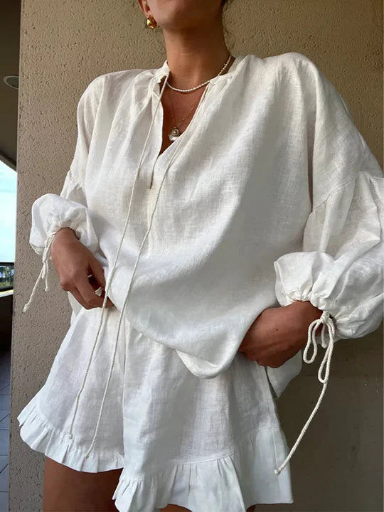 Lounge Set Ruffle Hem Shorts Relaxed Fit Blouse Cotton Casual Wear 2